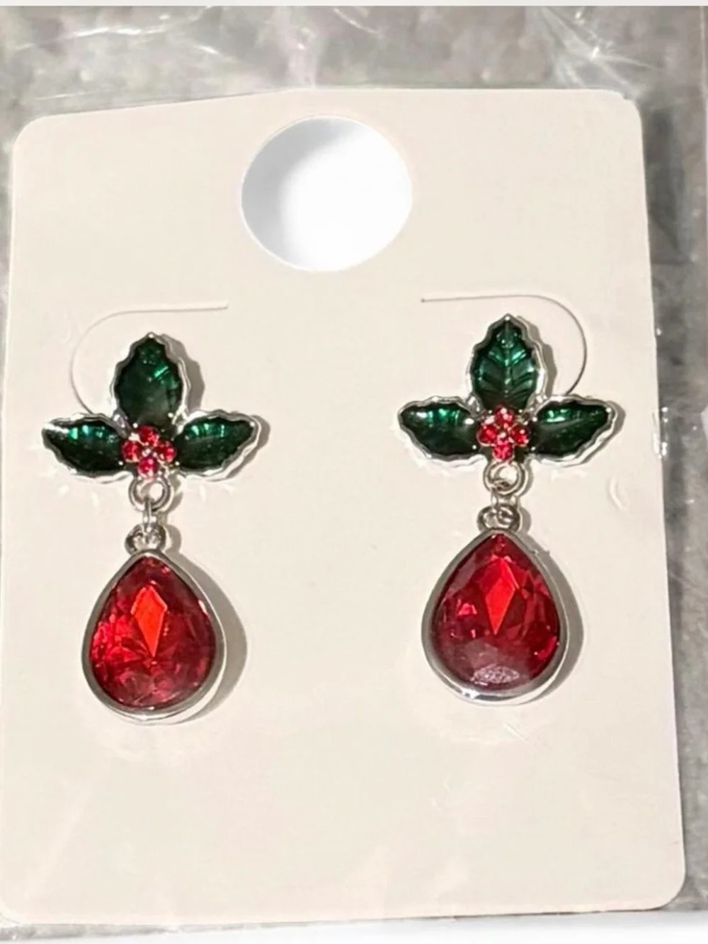 New Red Teardrop Dangle Earrings with Christmas Holly #283